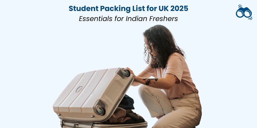 Packing list for Indian students in UK accommodation with essentials like documents, clothes, kitchen items, and electronics